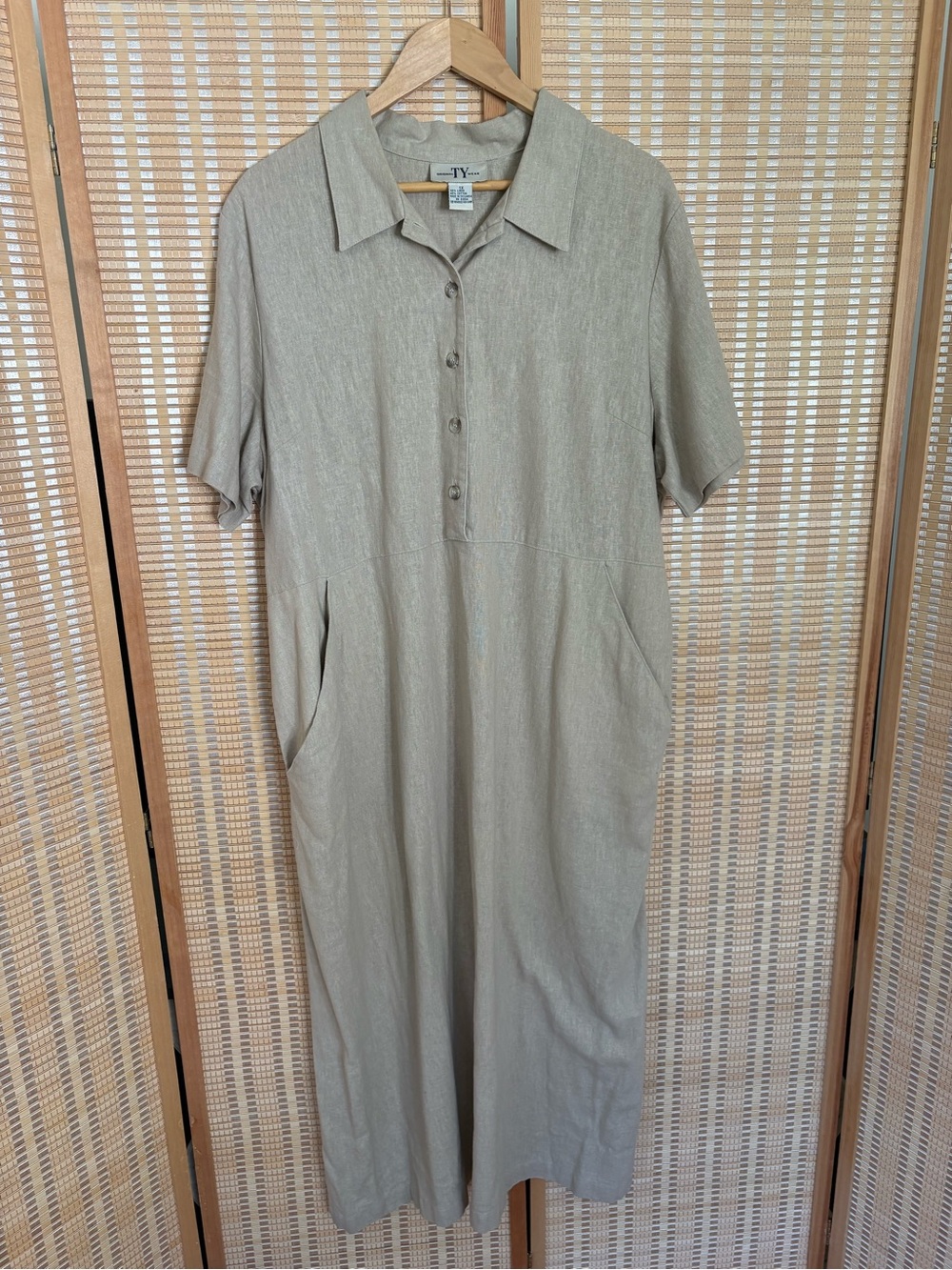 Linen Midi Dress Cottagecore Market Dress Beige Neutral Large
